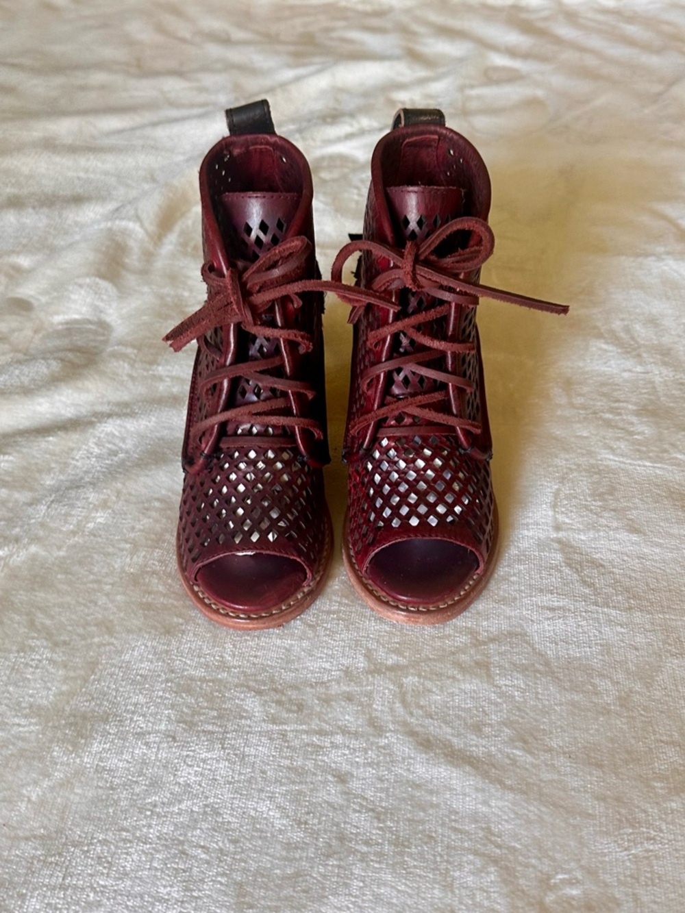 Freebird Burgundy BENNI Perforated Lace-Up Open-Toe Booties